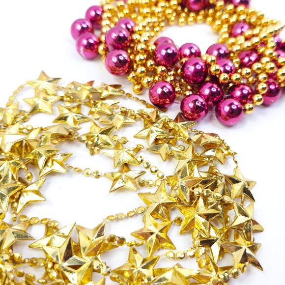 Holiday Plastic Gold Star and Hot Pink and Gold Colored Beaded Garland Set - Picture 2 of 5